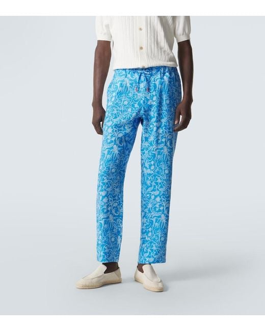 Kiton Blue Printed Linen Pants for men