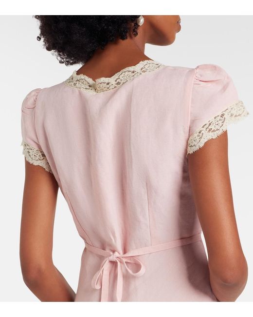 Rixo Pink Clarice Lace-Trimmed Linen-Blend Midi Dress
