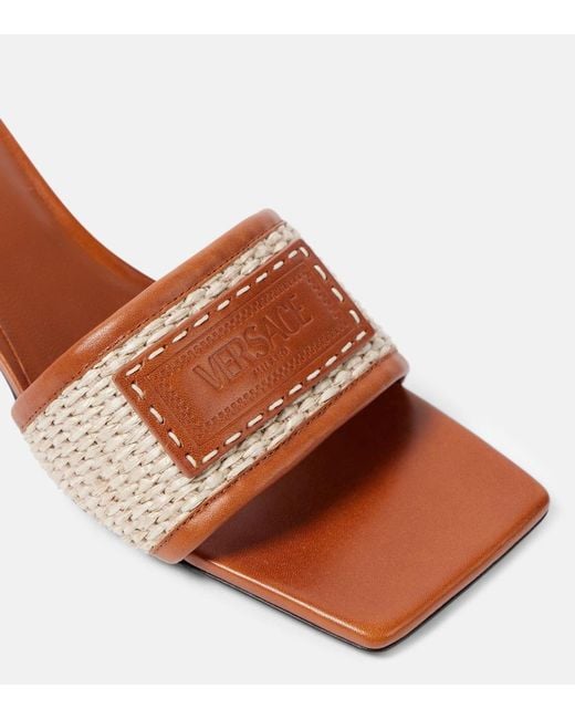 Versace Brown Theia Barocco Leather-Trimmed Raffia Mules