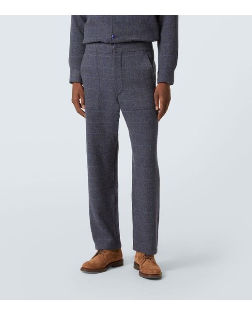 God's True Cashmere Blue Herringbone Checked Cashmere Straight Pants for men