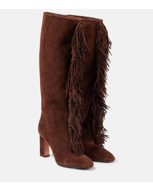 Aquazzura Brown Gytane 85 Fringed Suede Knee-High Boots