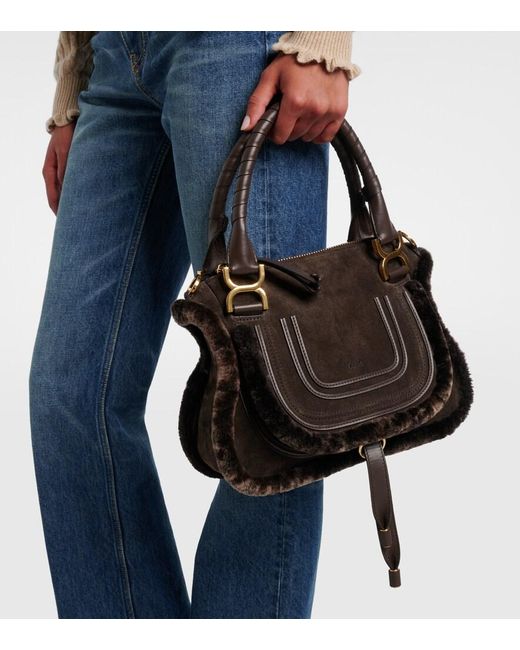 Chloé Black Marcie Small Shearling-Trimmed Suede Tote Bag