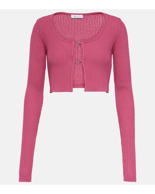 Blumarine Pink Logo Ribbed-Knit Cropped Cardigan