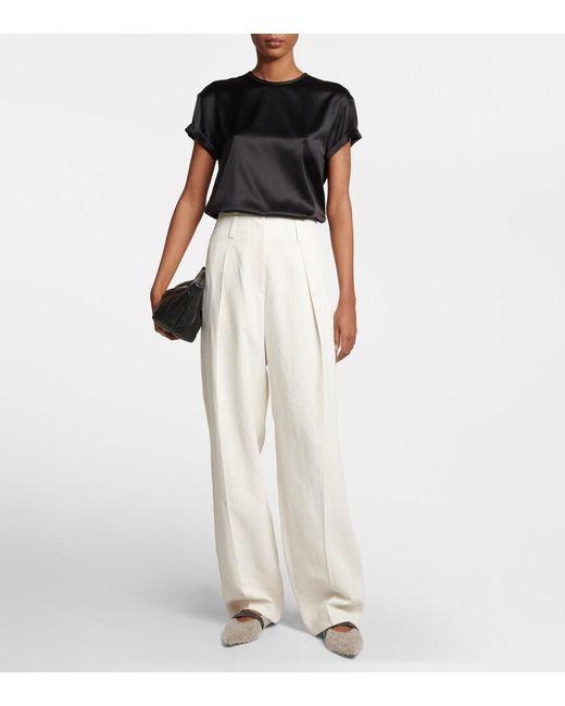 Brunello Cucinelli Black Embellished Silk-Blend Satin T-Shirt