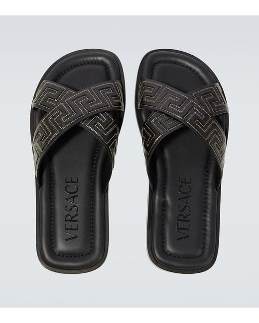 Versace Brown Greca Leather Slides for men