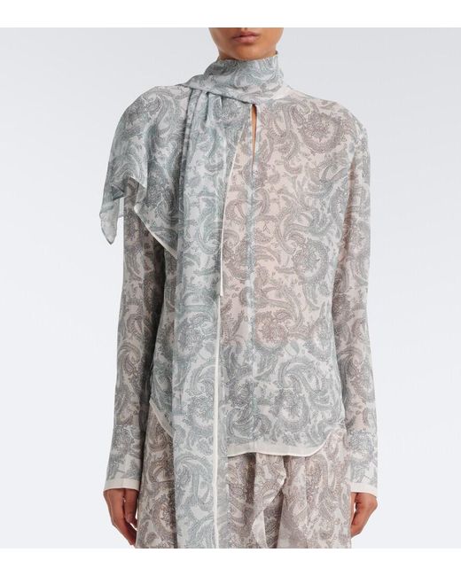 Acne Blue Caped Paisley Silk Crepe Blouse