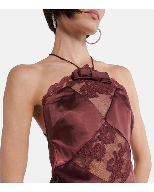 Self-Portrait Purple Lace-Trimmed Halterneck Satin Gown