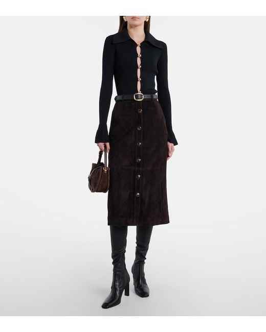 Self-Portrait Black Suede Midi Skirt