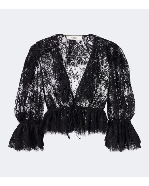 Chloé Black Semi-Sheer Cotton-Blend Lace Blouse
