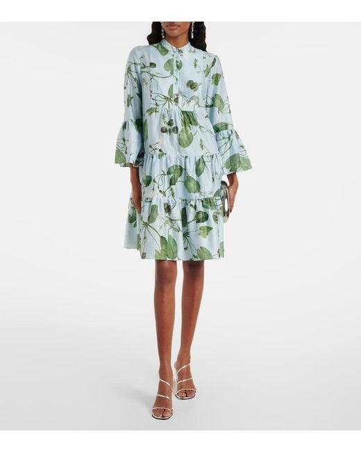 Erdem Blue Tiered Floral Cotton Minidress