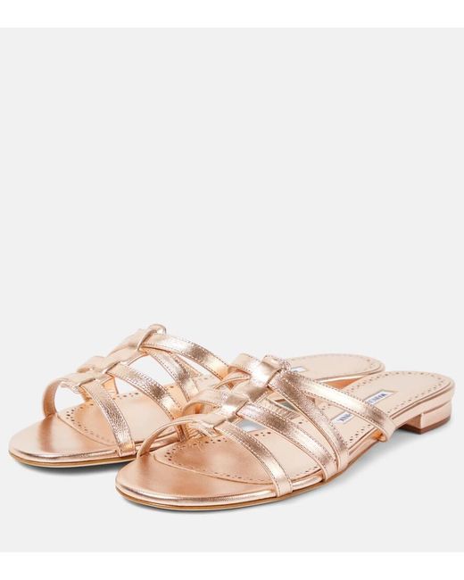 Manolo Blahnik Pink Riran Metallic Leather Sandals