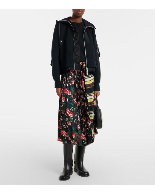 Sacai Black Printed Plisse Midi Skirt
