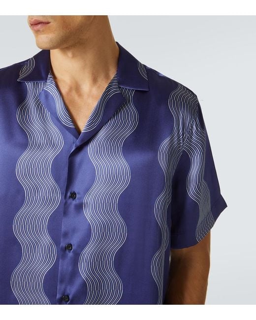 Frescobol Carioca Blue Roberto Printed Silk Bowling Shirt for men