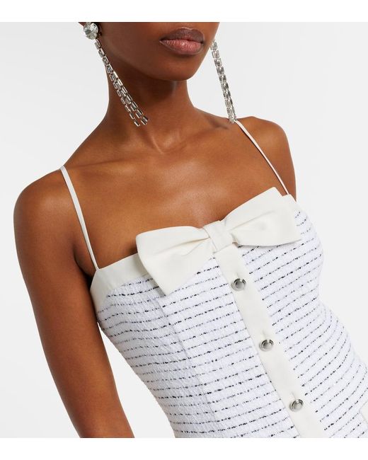 Alessandra Rich White Bow-Detail Striped Tweed Midi Dress
