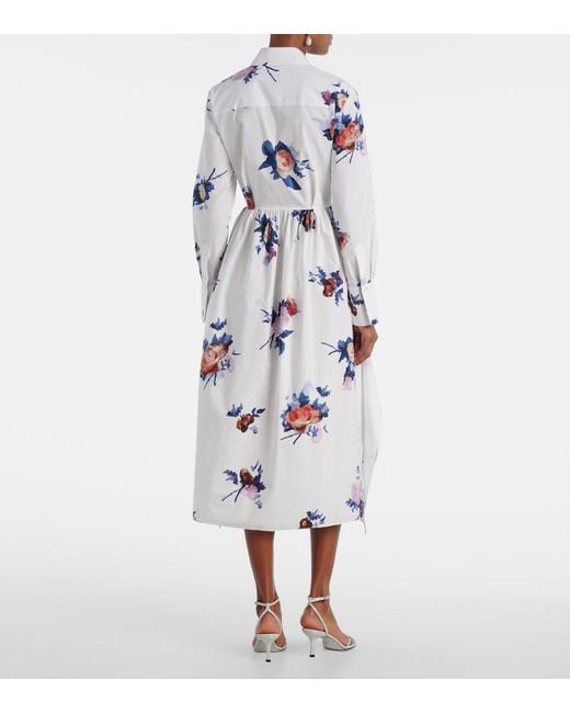 Erdem White Floral-Print Long-Sleeve Cotton-Poplin Midi Shirt Dress