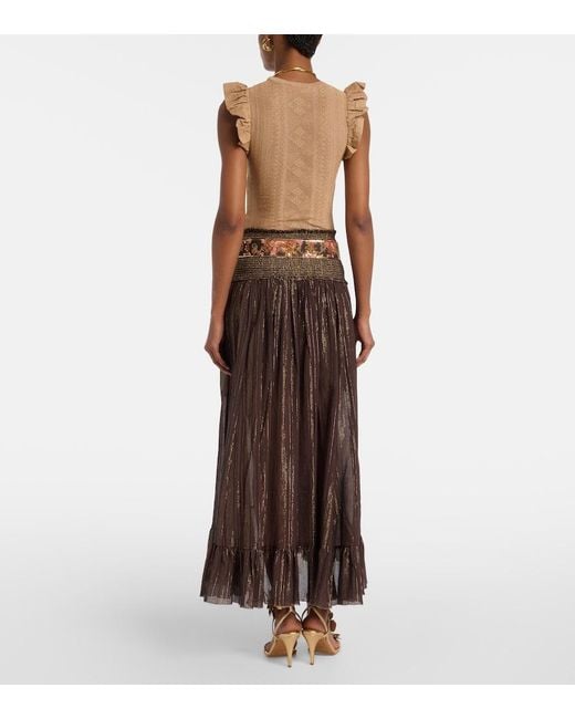 Zimmermann Brown Aster Shirred Cotton And Silk Lame Midi Skirt