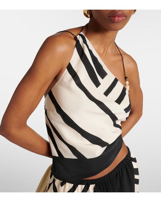 Sir Black Arte Printed One-Shoulder Silk Satin Crop Top