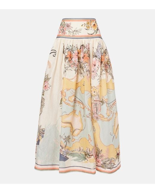 Zimmermann Natural Tallow Printed Linen Midi Skirt