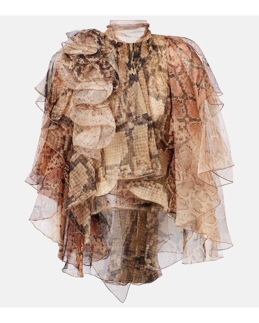 Zimmermann Brown Memento Ruffled Silk Blouse