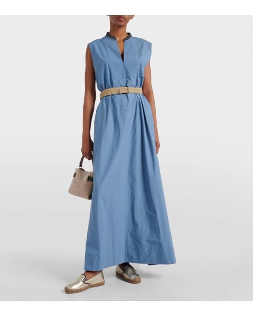 Brunello Cucinelli Blue Embellished Cotton Poplin Maxi Dress