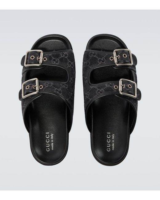 Gucci Black Gg Leather-Trimmed Canvas Slides for men