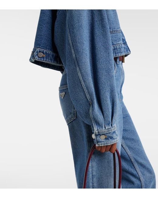 Chaqueta Cropped De Denim Con Piel Prada de color Blue