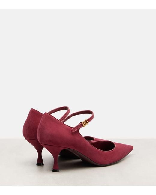 Dolce & Gabbana Red Dg Leather-Trimmed Suede Mary Jane Pumps