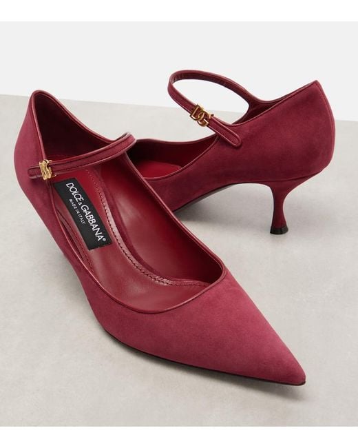 Dolce & Gabbana Red Dg Leather-Trimmed Suede Mary Jane Pumps