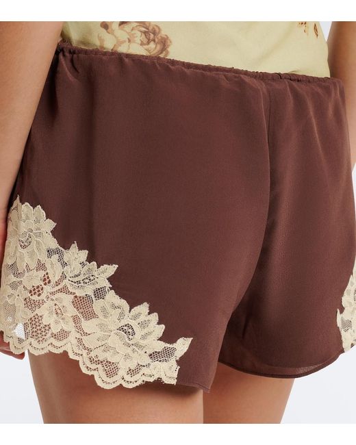 De La Vali Brown Elia Lace-Trimmed Crepe De Chine Shorts