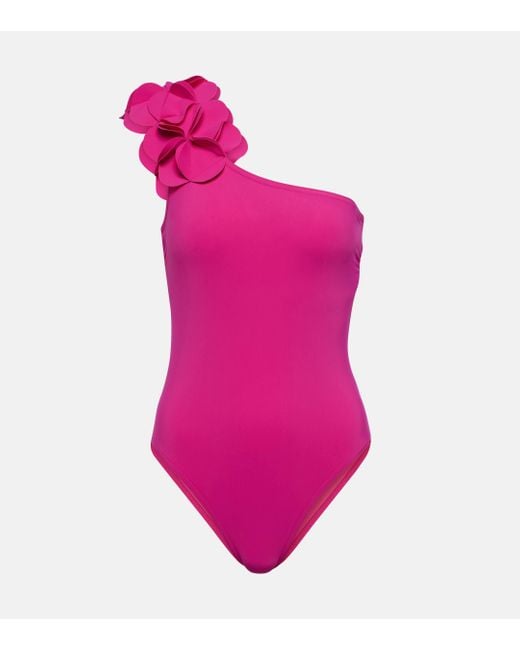 Karla Colletto Pink Floral-applique One-shoulder Swimsuit