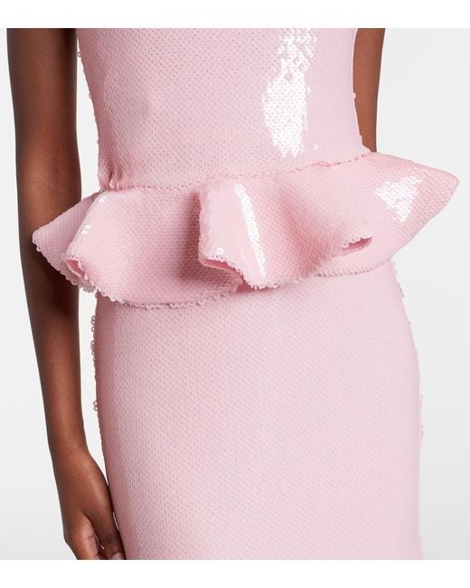 Rodarte Pink Floral-Applique Sequined Peplum Gown