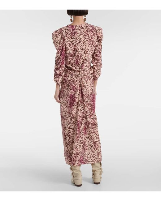 Isabel Marant Purple Deep V-Neck Midi Dress With Puffed Sleeves And Abstract Print