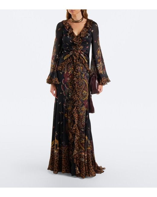 Etro Black Printed Ruched Silk Maxi Dress