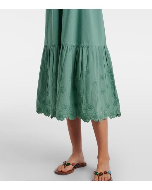 Juliet Dunn Green Embroidered Cotton Poplin Midi Dress