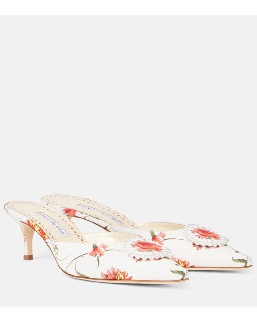 Manolo Blahnik Pink Kifatmu 50 Floral Embellished Satin Mules