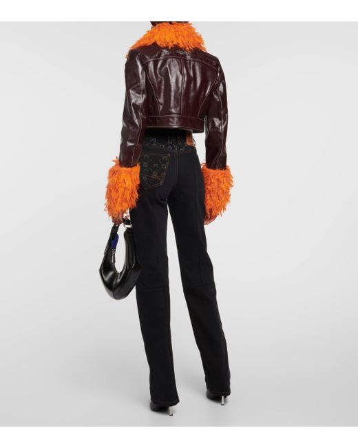 MARINE SERRE Red Faux Fur-trimmed Leather Jacket