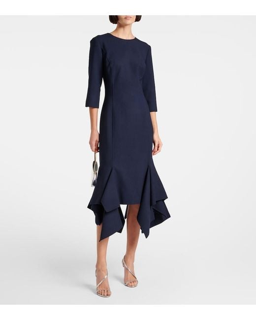 Oscar de la Renta Blue Pleated Wool-Blend Midi Dress
