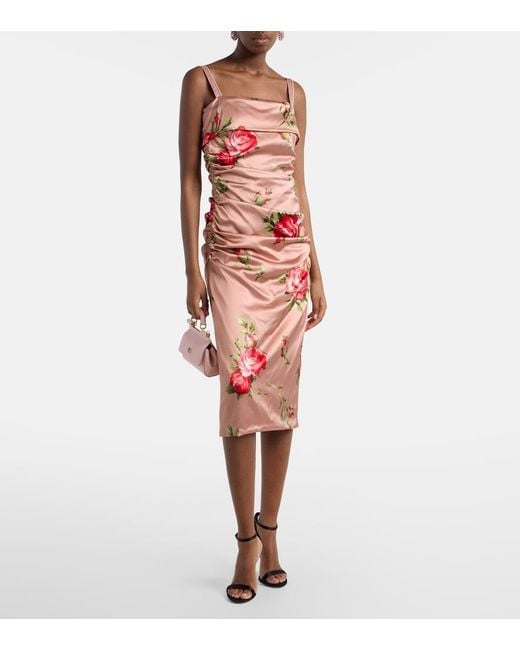 Dolce & Gabbana Red Floral Satin Midi Dress