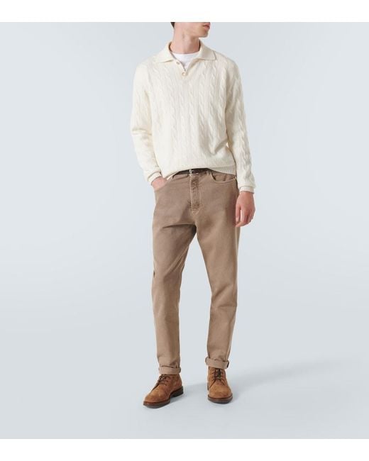 Brunello Cucinelli White Cable-Knit Cashmere Polo Sweater for men