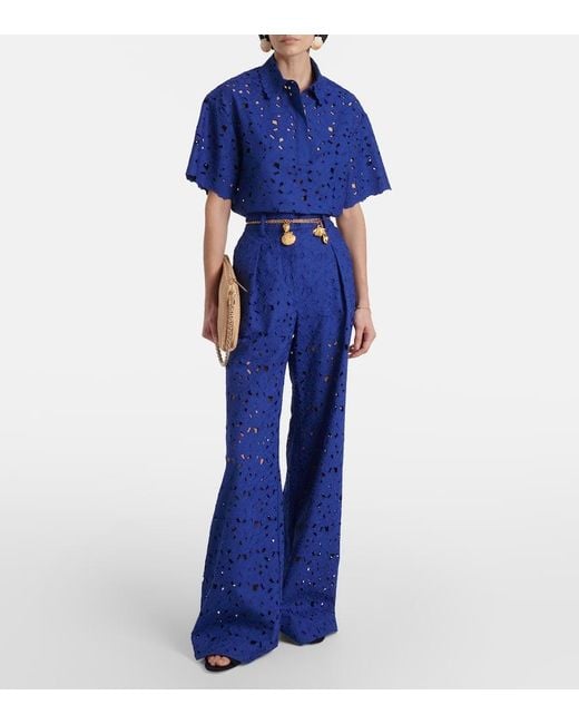 Rebecca Vallance Blue Zaffre Broderie Anglaise Cotton Flared Pants