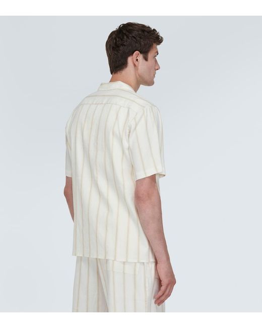 Commas White Striped Linen-Blend Bowling Shirt for men