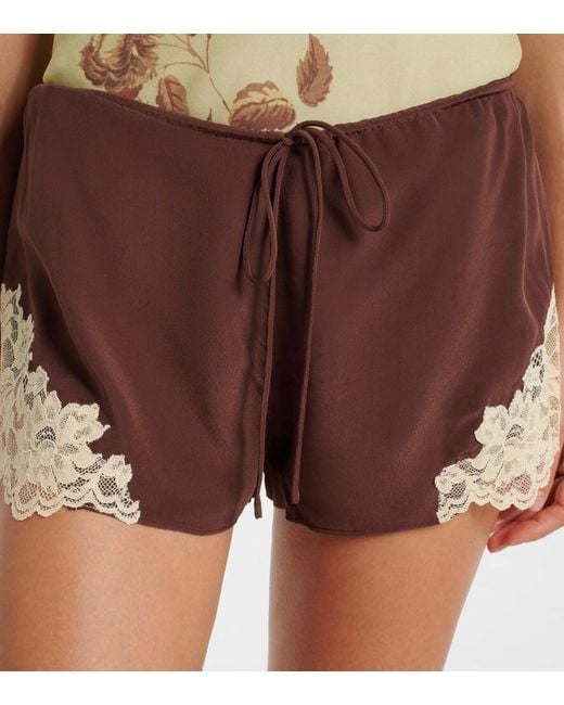 De La Vali Brown Elia Lace-Trimmed Crepe De Chine Shorts
