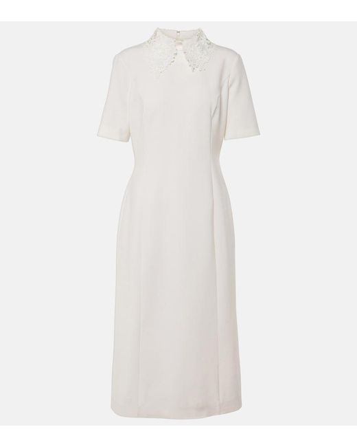 Oscar de la Renta White Lace-Trimmed Wool-Blend Midi Dress