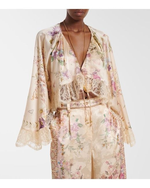 Camilla Natural Lace-Trimmed Floral Silk Crop Top
