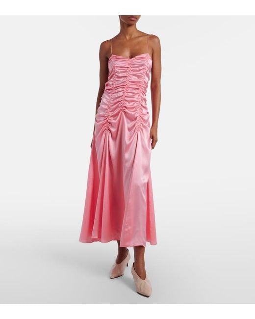 Khaite Pink Raina Ruched Silk Satin Midi Dress