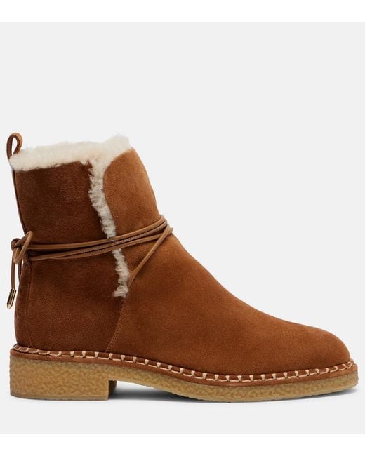 Aquazzura Brown Megeve Shearling-Trimmed Suede Ankle Boots