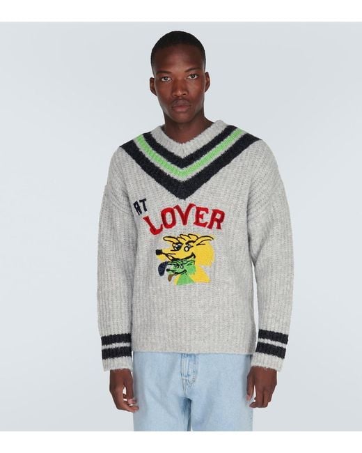 ERL Gray Embroidered Wool-Blend Sweater for men