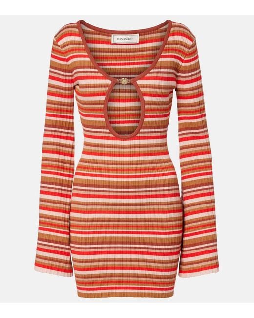 Bananhot Red Rey Cutout Ribbed-Knit Striped Minidress