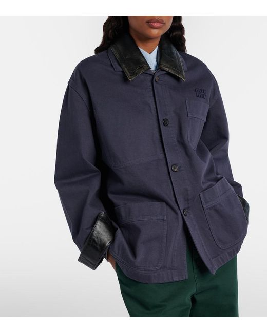 Miu Miu Blue Leather-Trimmed Oversized Cotton Gabardine Jacket