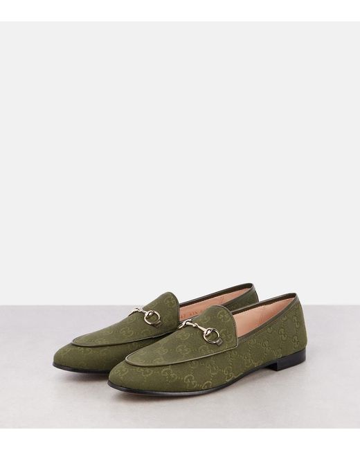 Gucci Green Jordaan Horsebit-Detailed Leather-Trimmed Canvas-Jacquard Loafers
